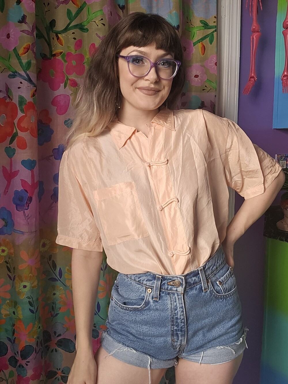 100% Silk The Limited Peach Short Sleeve Button Up Shirt Women's XS
